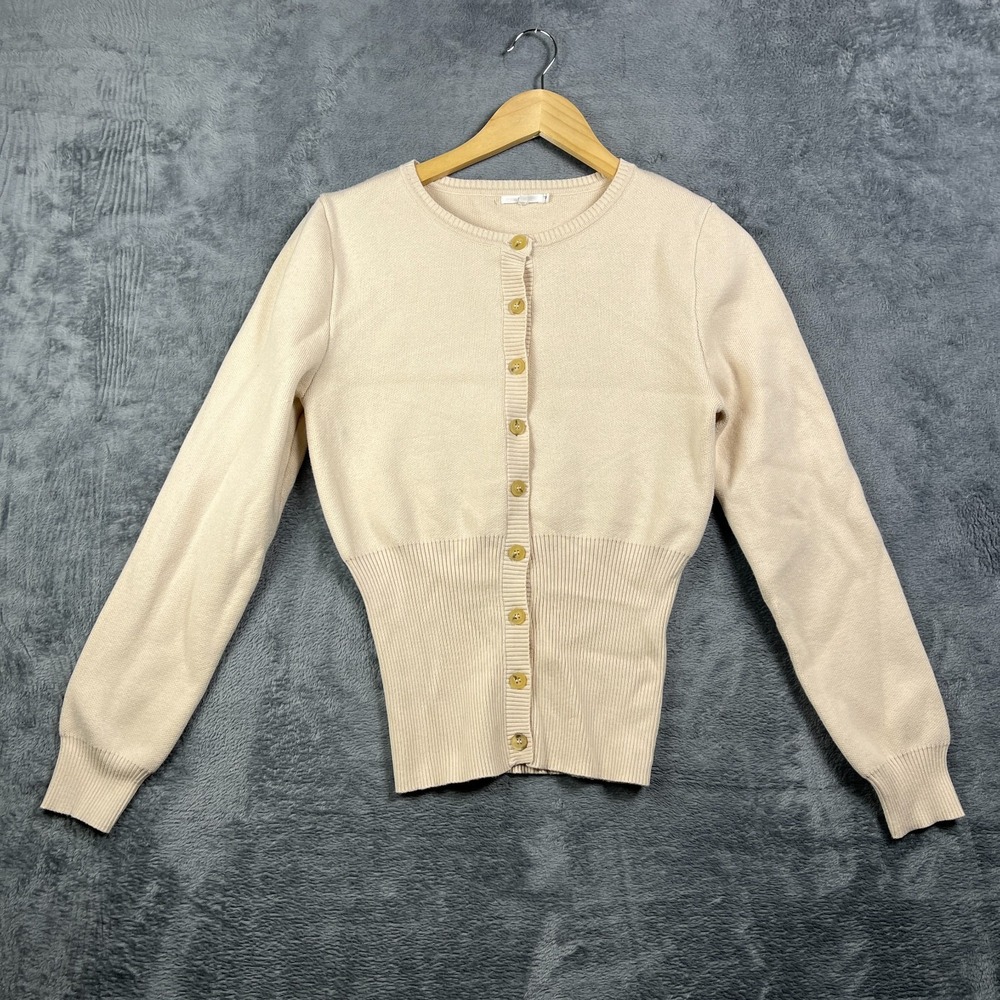 Nia Cardigan Sweater Womens Medium Beige Knit Cinched Waist Ribbed Button Front